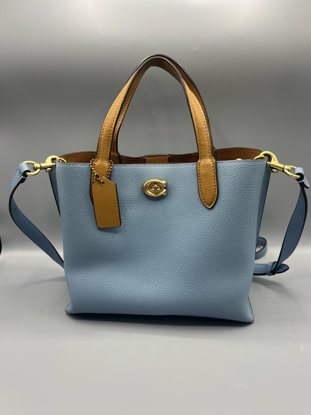 Coach Willow Tote 24 Light Blue Tan Pebbled Leather Crossbody Satchel Bag